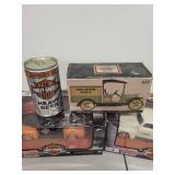 Harley-Davidson Collectibles Set: Wallet, Diecast Trucks, Tin, Heavy Beer Can