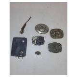 Collection of 4 Vintage Belt Buckles, Leather Key Holder, and Pipe Shaped Keychain