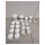 Collection of White Milk Glass Cups and Serving Pieces with Embossed Designs