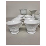 Collection of White Milk Glass Cups and Serving Pieces with Embossed Designs
