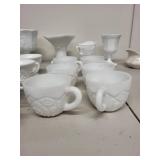 Collection of White Milk Glass Cups and Serving Pieces with Embossed Designs