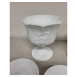 Collection of White Milk Glass Cups and Serving Pieces with Embossed Designs
