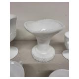 Collection of White Milk Glass Cups and Serving Pieces with Embossed Designs