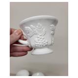 Collection of White Milk Glass Cups and Serving Pieces with Embossed Designs