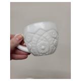 Collection of White Milk Glass Cups and Serving Pieces with Embossed Designs