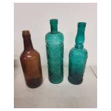 Set of 3 Vintage Glass Bottles - Amber and Teal Decorative Collectibles