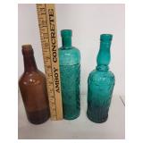 Set of 3 Vintage Glass Bottles - Amber and Teal Decorative Collectibles