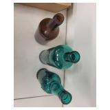 Set of 3 Vintage Glass Bottles - Amber and Teal Decorative Collectibles