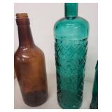 Set of 3 Vintage Glass Bottles - Amber and Teal Decorative Collectibles