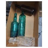 Set of 3 Vintage Glass Bottles - Amber and Teal Decorative Collectibles