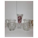 Set of 3 Cut Glass Pitchers and Vase with Bird Motif