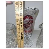 Set of 3 Cut Glass Pitchers and Vase with Bird Motif