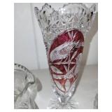 Set of 3 Cut Glass Pitchers and Vase with Bird Motif