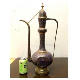 LARGE Ornate Vintage Brass & Hand Painted Blue Middle Eastern Pitcher