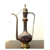 LARGE Ornate Vintage Brass & Hand Painted Blue Middle Eastern Pitcher
