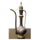 LARGE Ornate Vintage Brass & Hand Painted Blue Middle Eastern Pitcher