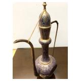 LARGE Ornate Vintage Brass & Hand Painted Blue Middle Eastern Pitcher