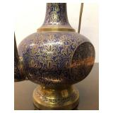 LARGE Ornate Vintage Brass & Hand Painted Blue Middle Eastern Pitcher