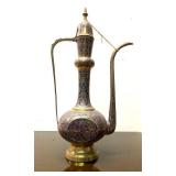 LARGE Ornate Vintage Brass & Hand Painted Blue Middle Eastern Pitcher