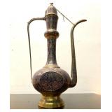 LARGE Ornate Vintage Brass & Hand Painted Blue Middle Eastern Pitcher