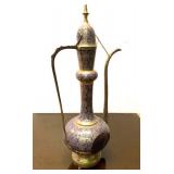 LARGE Ornate Vintage Brass & Hand Painted Blue Middle Eastern Pitcher