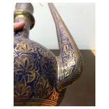 LARGE Ornate Vintage Brass & Hand Painted Blue Middle Eastern Pitcher