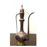 LARGE Ornate Vintage Brass & Hand Painted Blue Middle Eastern Pitcher