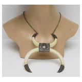 Large Ornate Antique Oriental Boar Tusk Pendant Necklace