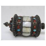 Exceptional Old Bone & Ornate Silver Tibetan Prayer Wheel