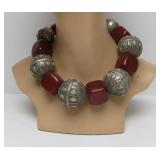 Antique Yemeni Bedouin LARGE Silver & Amber Bead Necklace