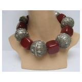 Antique Yemeni Bedouin LARGE Silver & Amber Bead Necklace