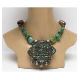 Antique Tibetan Gau / Prayer Box Necklace w/Silver Turquoise & Coral