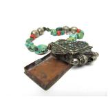 Antique Tibetan Gau / Prayer Box Necklace w/Silver Turquoise & Coral