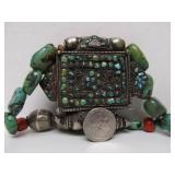 Antique Tibetan Gau / Prayer Box Necklace w/Silver Turquoise & Coral