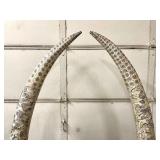 Pair of HUGE Monumental Carved Bone Elephant Tusk Sculptures