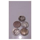 4-Mercury Dimes and 1 Barber Dime