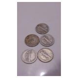 4-Mercury Dimes and 1 Barber Dime