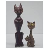 2 Vintage Mid Century Carved Wood Cat Sculpures