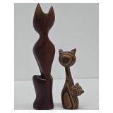 2 Vintage Mid Century Carved Wood Cat Sculpures