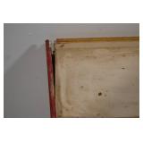 Red Wall-Mount Plate Rack and Ornate Wood Mirror