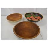 Set of 3 Primitive Wooden Dough Bowls, Hand-Painted Designs