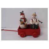 Christmas Snowman Figurine Pair in Red Wagon Holiday Decor Set