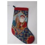 Christmas Needlepoint Stocking with Santa Fishing, Wool & Velvet, 17 in