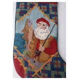 Christmas Needlepoint Stocking with Santa Fishing, Wool & Velvet, 17 in