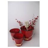 Christmas Red Buckets Decor Lot with Sign and Faux Berries