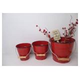 Christmas Red Buckets Decor Lot with Sign and Faux Berries