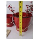 Christmas Red Buckets Decor Lot with Sign and Faux Berries