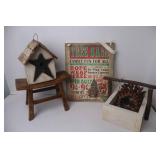 Rustic Home Decor Lot: Mini Stool, Birdhouse, Wood Planter, Tree Sale Sign, Acorn Accents