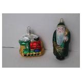 2 Christmas Glass Ornaments: Santa Figure & Train