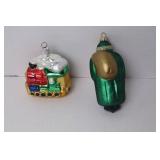 2 Christmas Glass Ornaments: Santa Figure & Train
